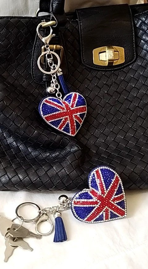 Bag Charm Union Jack Heart Sparkly Rhinestone Heart