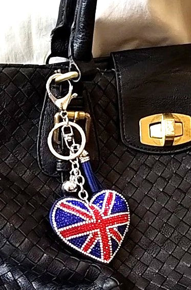 Bag Charm Union Jack Heart Sparkly Rhinestone Heart