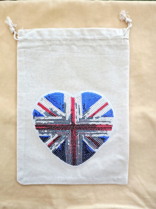 Large Drawstring Gift/Storage Bag with Union Jack Sequin Heart