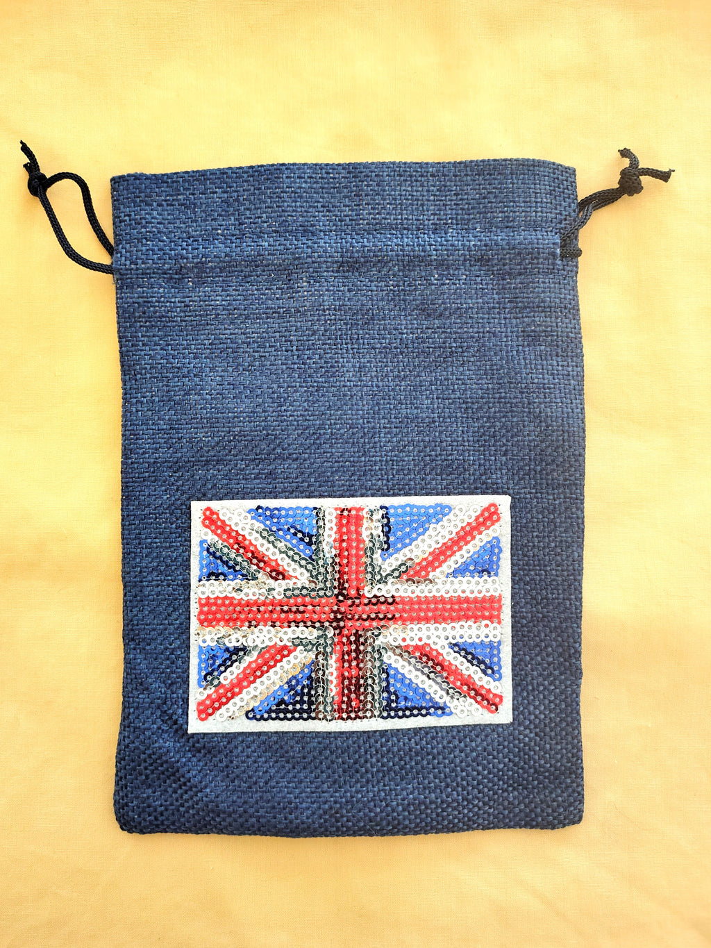 Medium Drawstring Gift/Storage Bag with Union Jack Sequin Flag