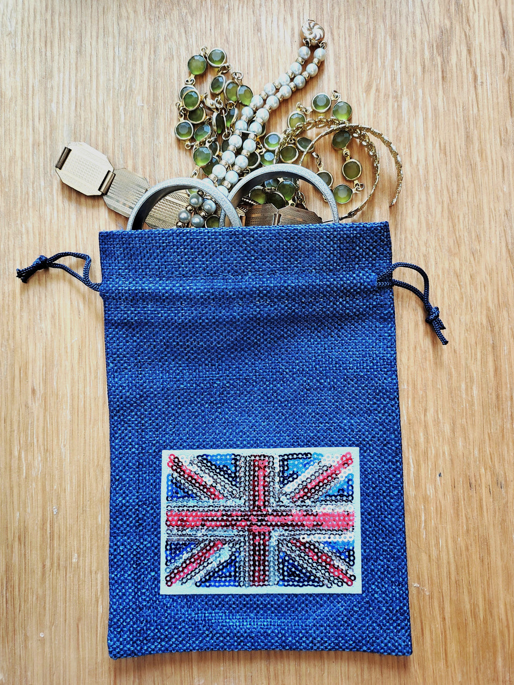 Medium Drawstring Gift/Storage Bag with Union Jack Sequin Flag