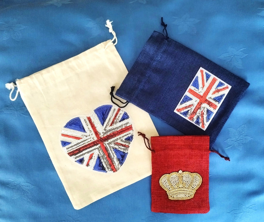 Large Drawstring Gift/Storage Bag with Union Jack Sequin Heart