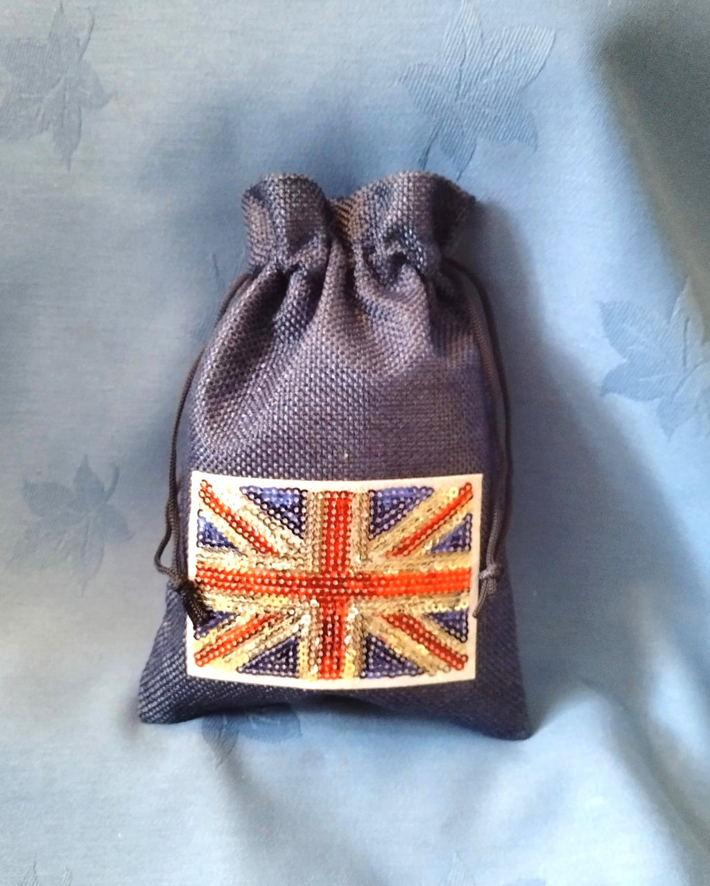 Medium Drawstring Gift/Storage Bag with Union Jack Sequin Flag