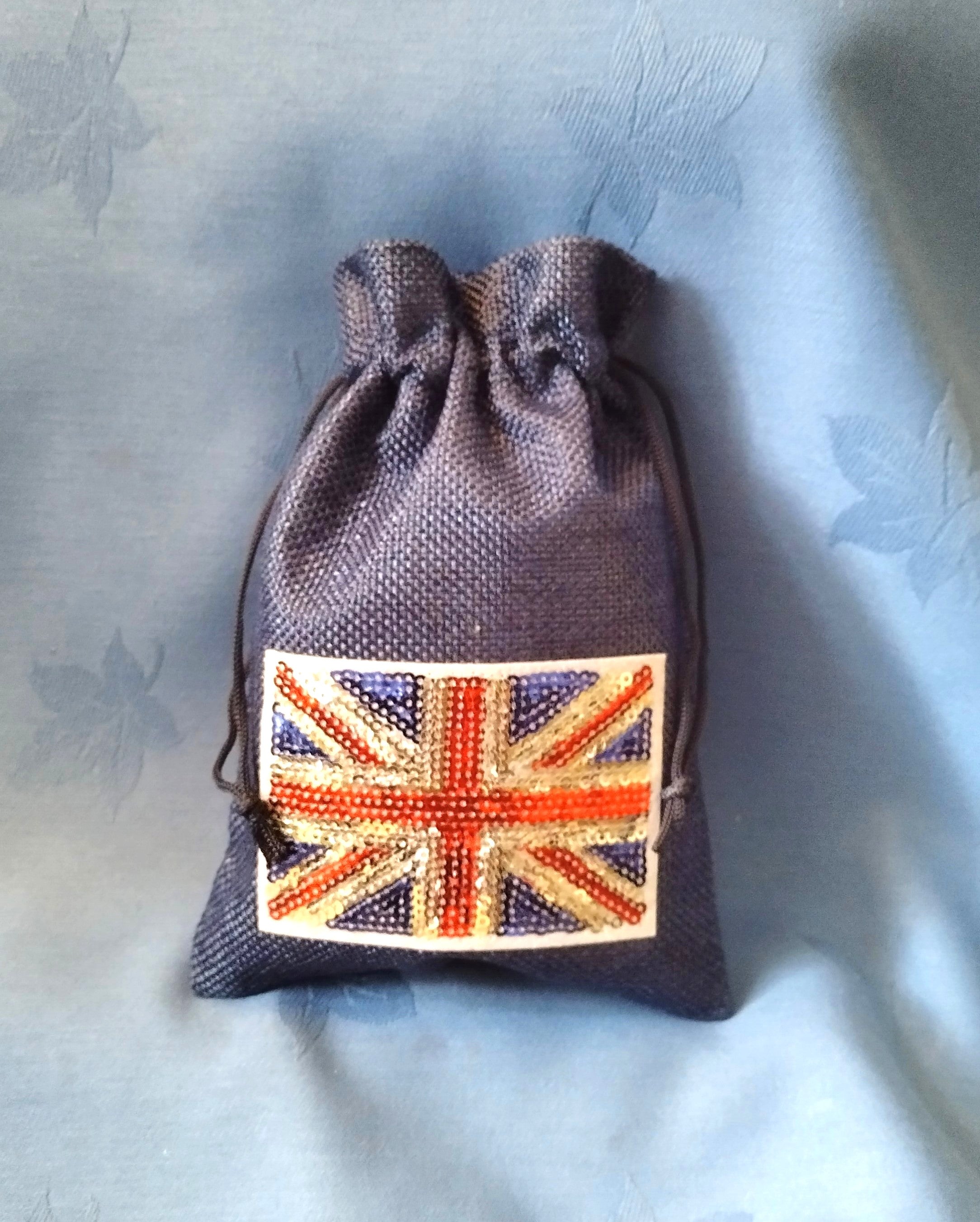 Medium Drawstring Gift/Storage Bag with Union Jack Sequin Flag