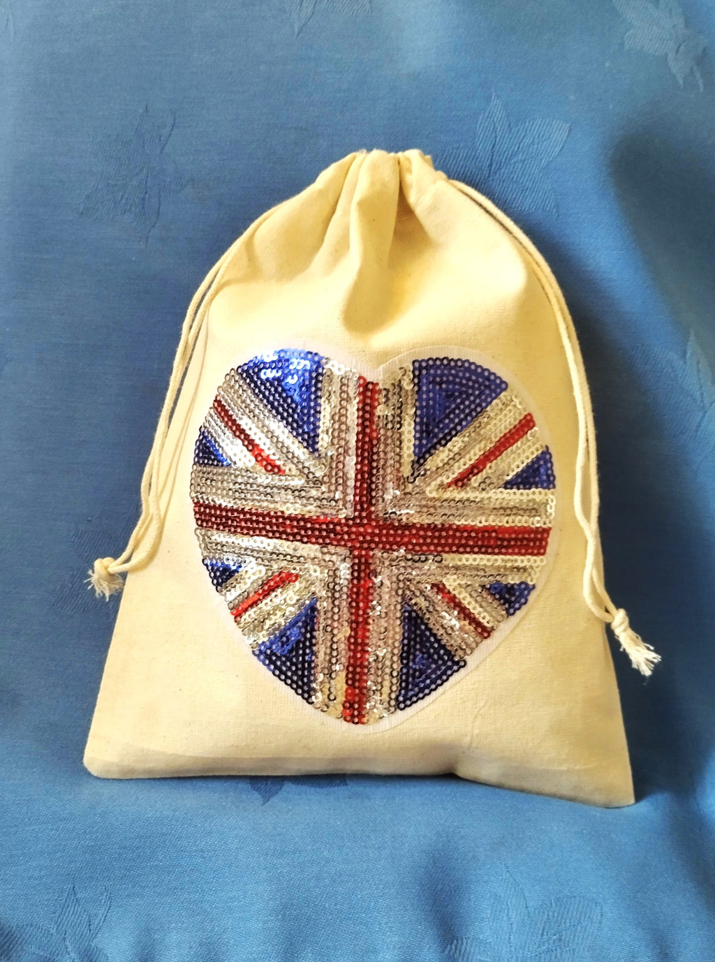 Large Drawstring Gift/Storage Bag with Union Jack Sequin Heart